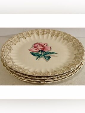 American Limoges Le Fleur Rouge 22K Gold Pink Rose Serving Plates Set 4 Vintage
